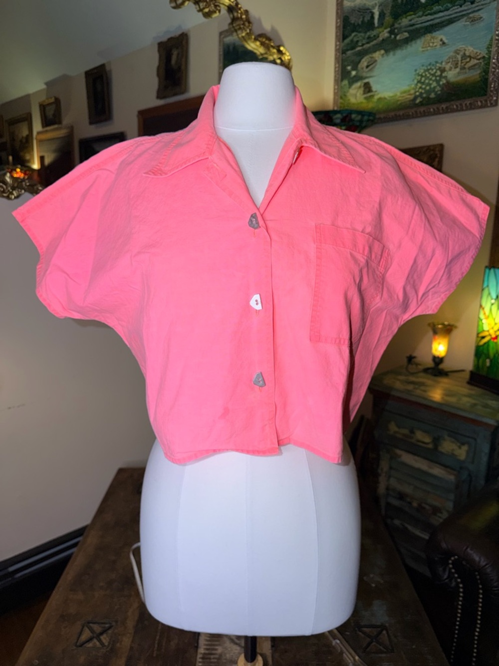 Vintage 100% Cotton Cropped FluorescentCoral  Pink Button-Front Women's Top